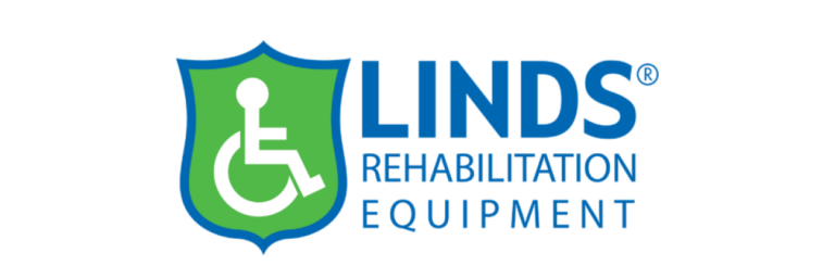 Linds Rehabilitation Equipment logo with a green shield featuring a white wheelchair symbol next to the company name in blue text.
