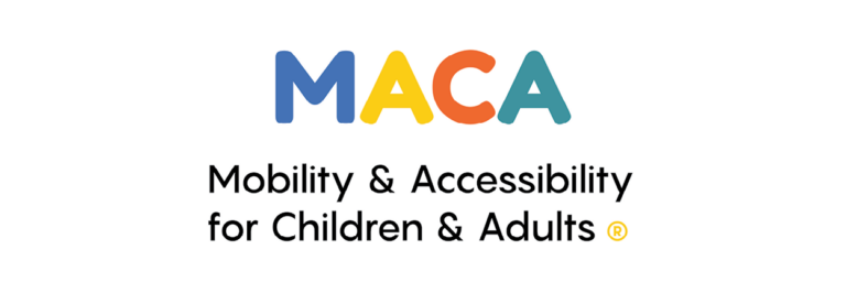 Logo of "MACA" with each letter in blue, orange, and teal. Below, the text reads "Mobility & Accessibility for Children & Adults" in black.