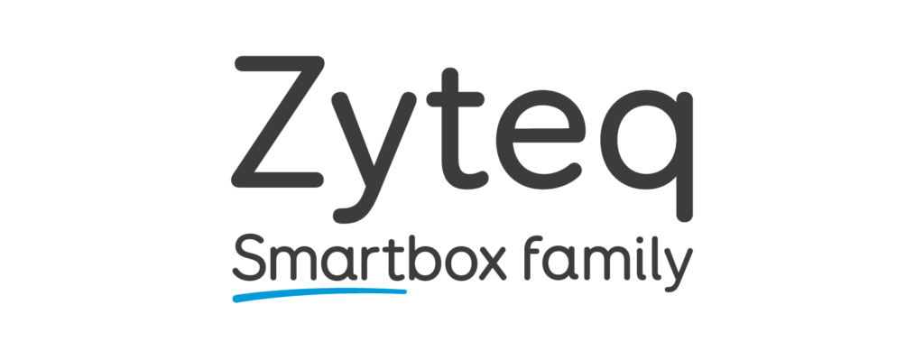 "Black logo with the word 'Zyteq' in bold gray text, and 'Smartbox family' beneath in lighter gray. A blue underline accents the text over a black background."