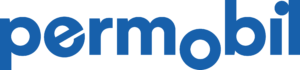 The image shows the word "permobil" in lowercase, bold blue letters on a black background, conveying a sense of modernity and brand recognition.